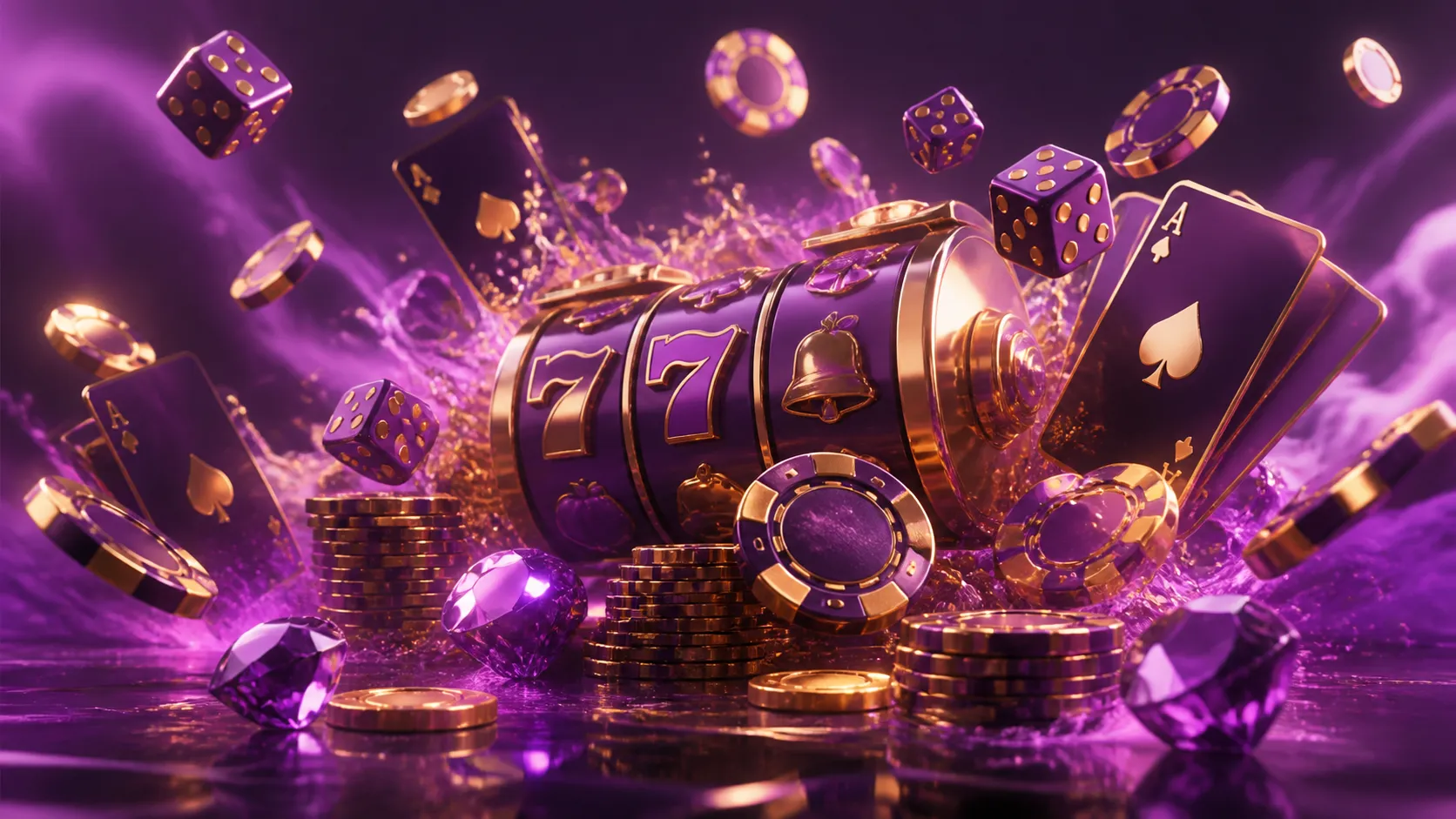 A high-end casino hero banner for Slotrave featuring luxury elements like poker chips, dice, and a glowing roulette wheel in 
